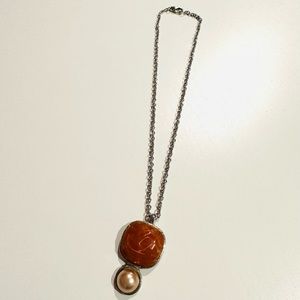 Orange stone and faux pearl statement necklace